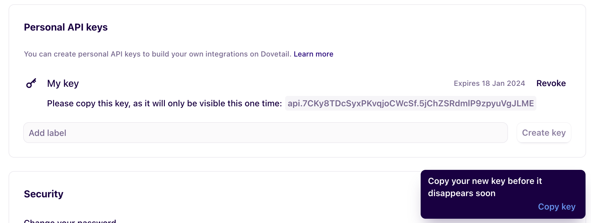Image of the user interface for creating and revoking personal access tokens